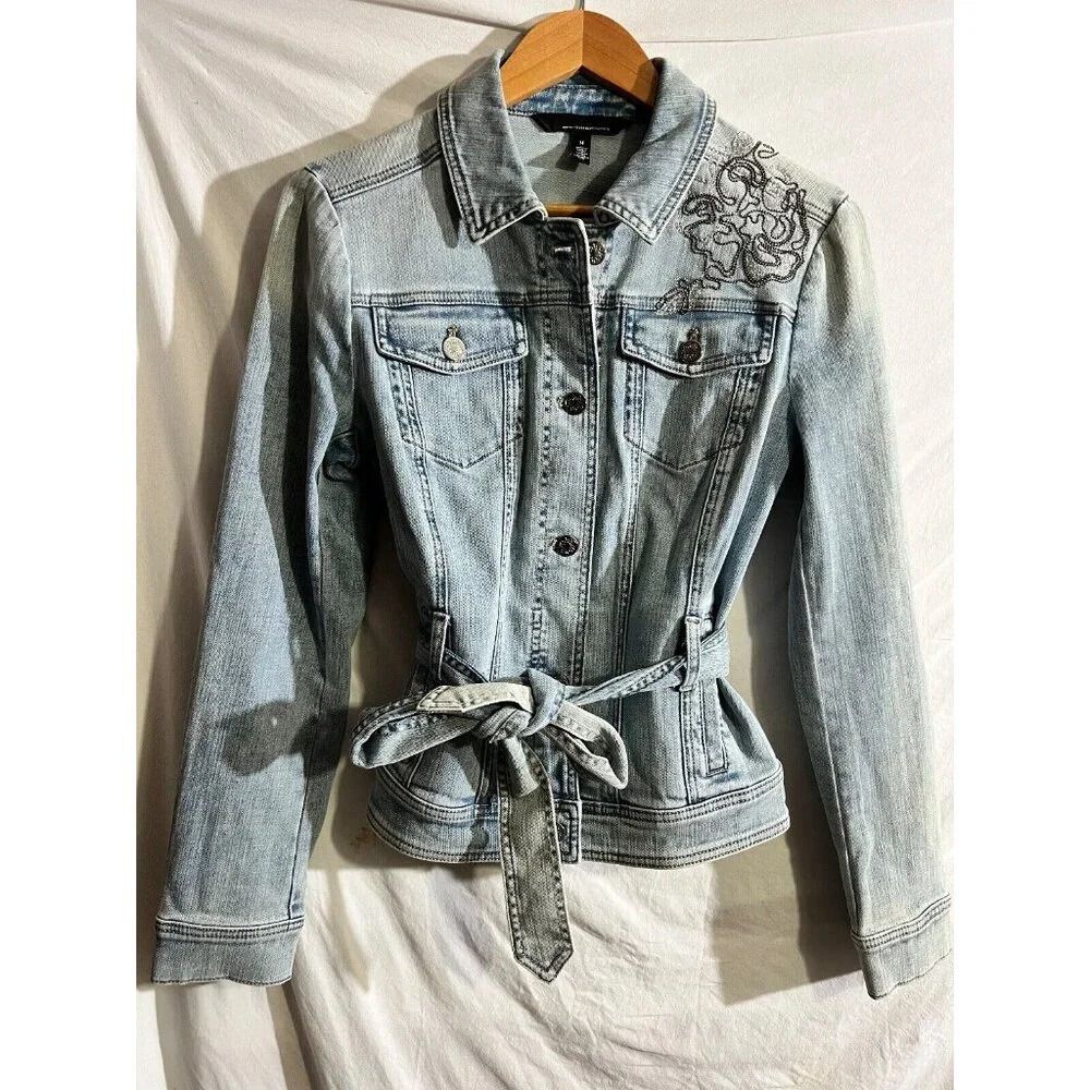 White House Black Market Jean Blue Denim Jacket 2 Embroidered Boho Indie Floral